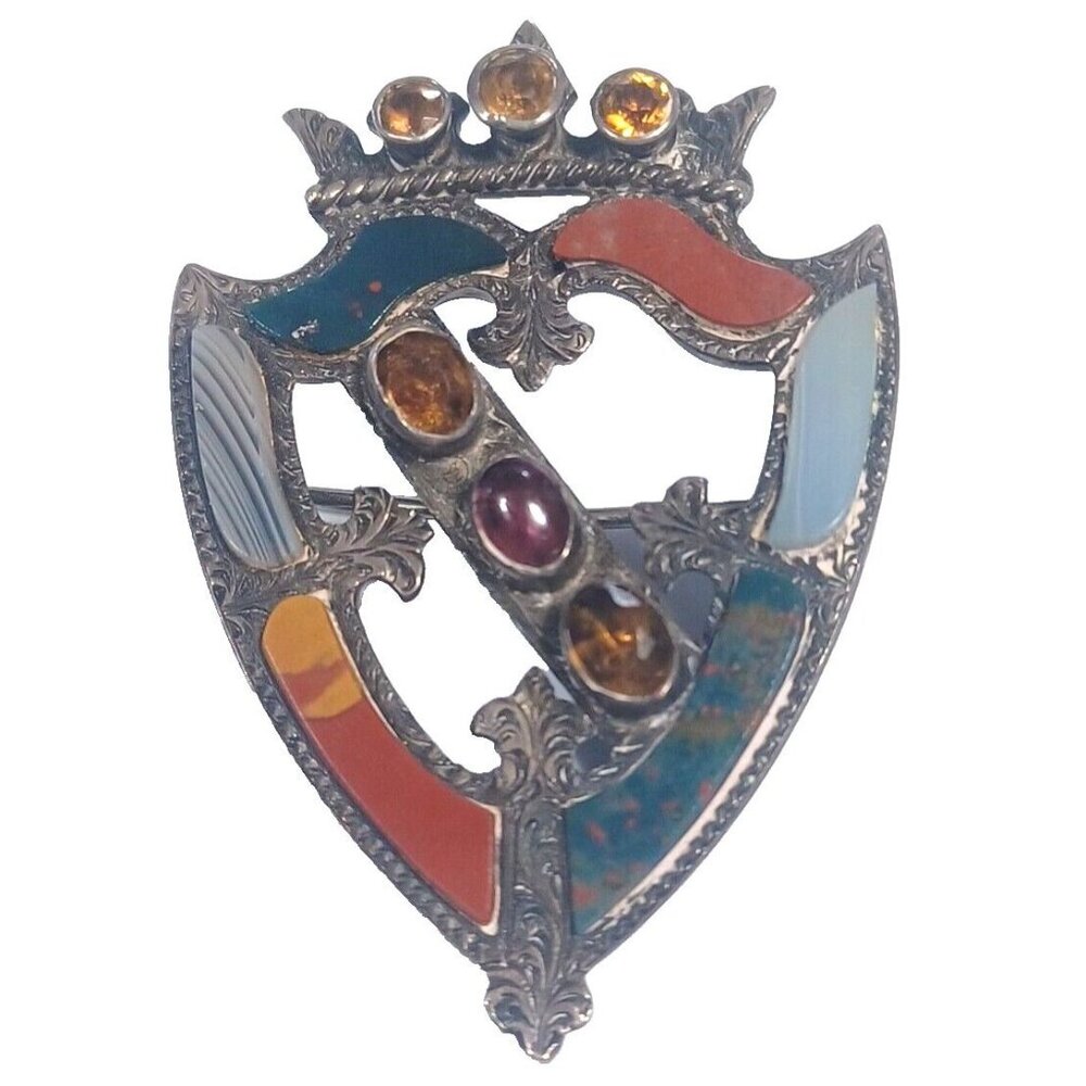 Victorian Sterling Silver Scottish Crest With Crown Agate Brooch Pin Circa 1890 - Picture 3 of 10